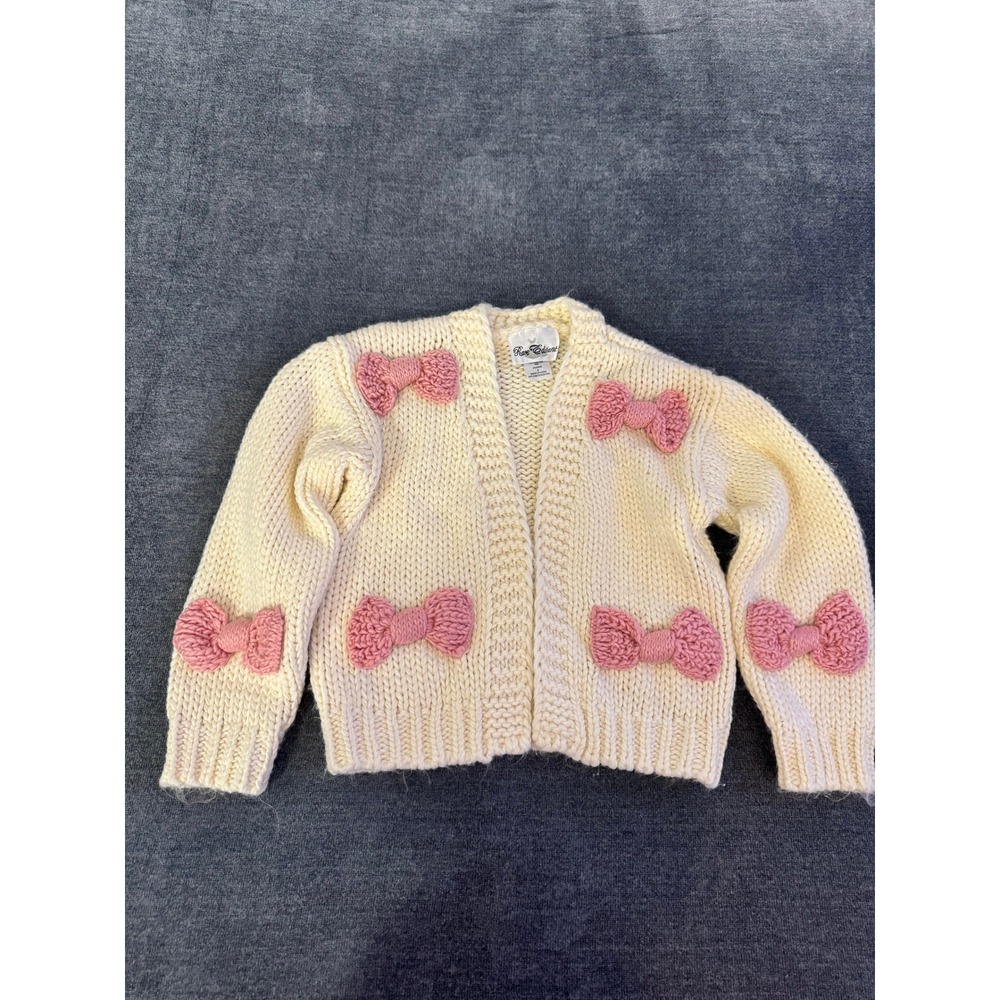 Rare Editions Girls Ivory Chunky Knit Cardigan Sweater Pink Bows Size 6